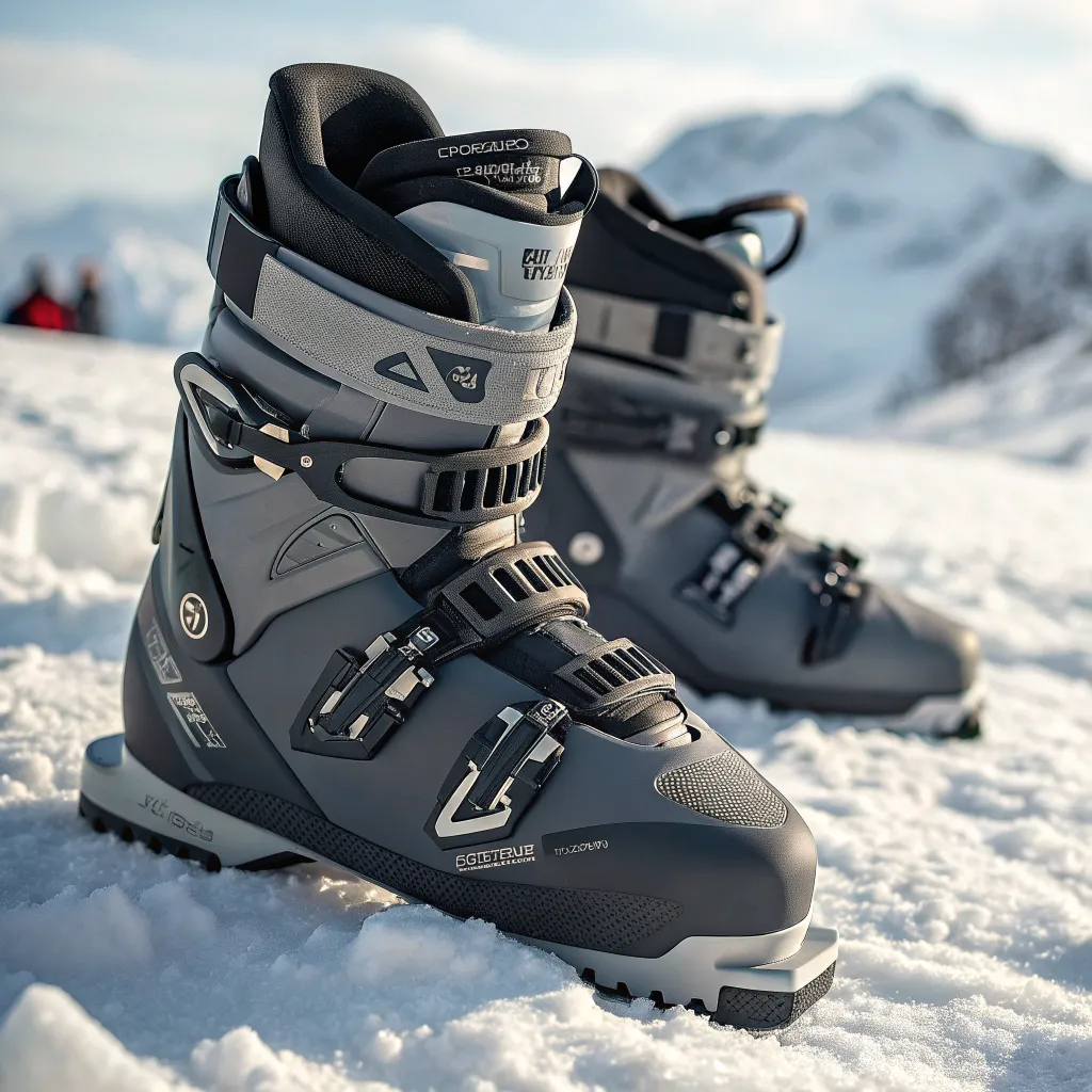 Pair of advanced ski boots for snowy terrains