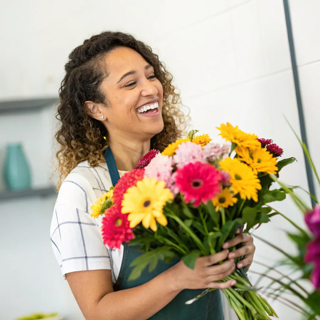 Happy customer holding flowers